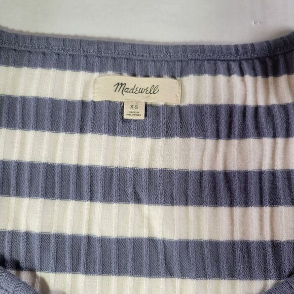 Madewell Women Cotton Blue & White Striped Ribbed Short Sleeve V-Neck Top XS - Picture 4 of 5